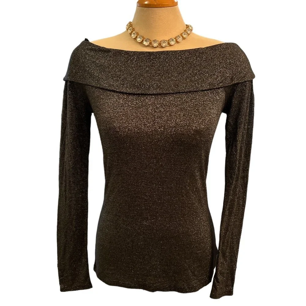 WHITE HOUSE BLACK MARKET Off Shoulder Blouse Top Sz S Shimmery Cuff Detail - Picture 3 of 13